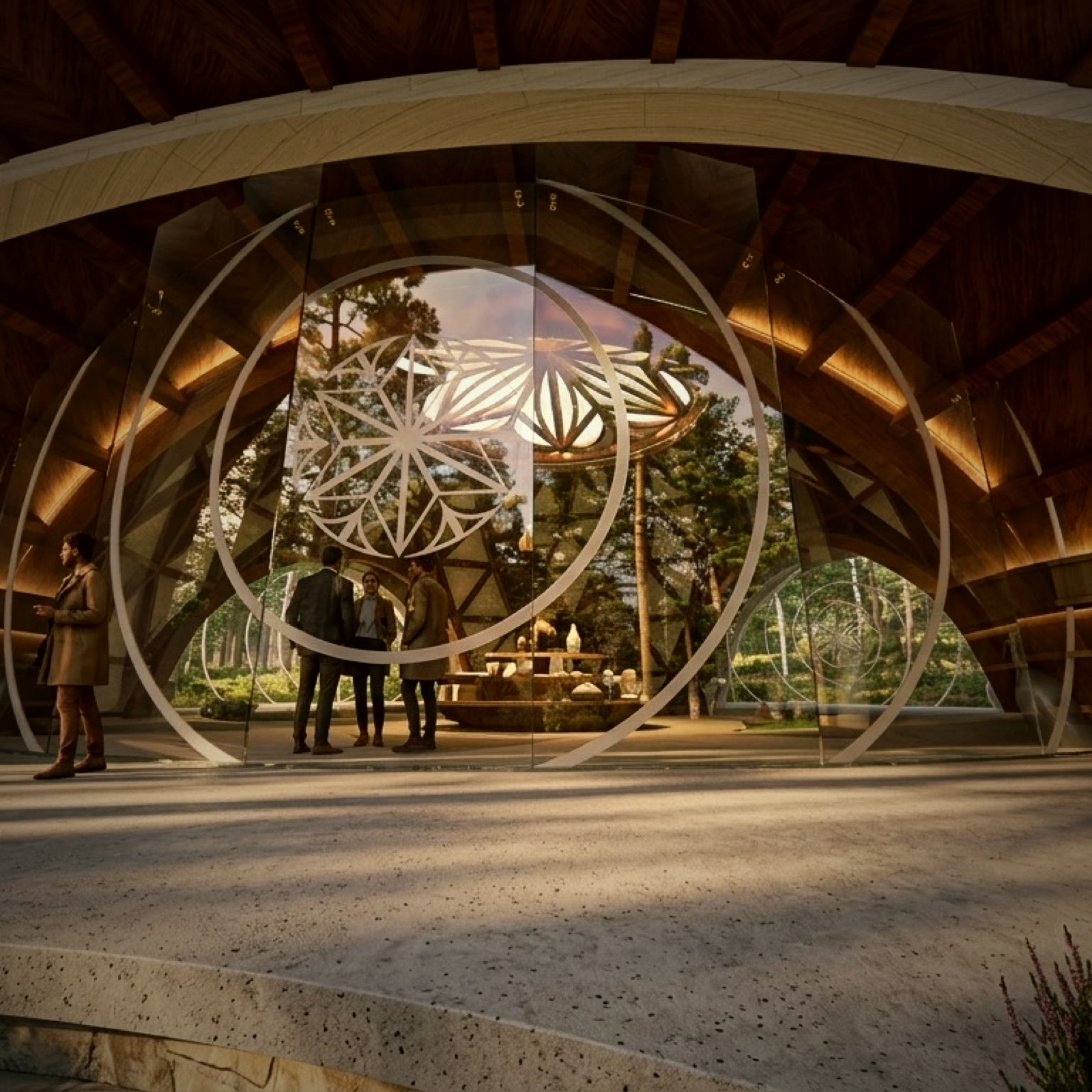 Dome interior with flower-of-life sacred geometry glass